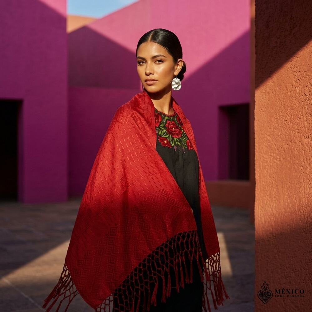 Mexican hand woven Rebozo Red geometric desings stunning one of a kind